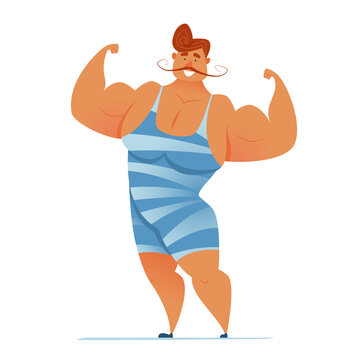 Strongman stands in a pose and shows his muscles. Circus performance. Vector illustration of a smiling healthy athlete.