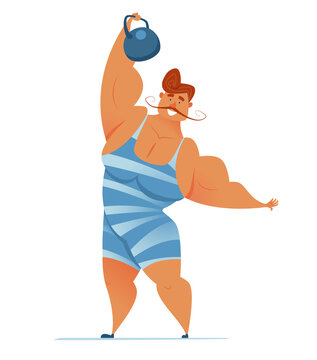 Strongman In A Striped Suit With A Kettlebell In His Hand. Circus Performance. Vector Illustration Of A Smiling Healthy Athlete Showing A Trick.