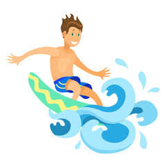 Surfer riding the ocean wave. Vector illustration of a surfer on the surfboard.