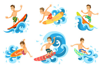 Set of surfers on the big waves. Vector illustration of men on surfboards in flat style.