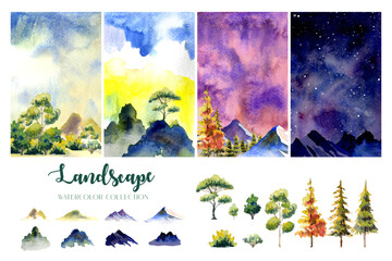 Four style, times of day water color landscape paintings with tree, hill and star. Isolated element on beneath. 