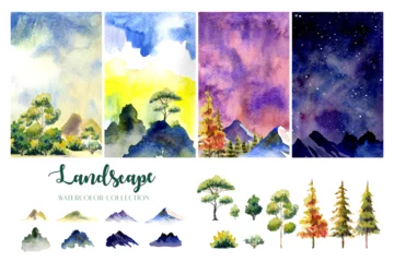 Fototapete Weiß Four style, times of day water color landscape paintings with tree, hill and star. Isolated element on beneath. 