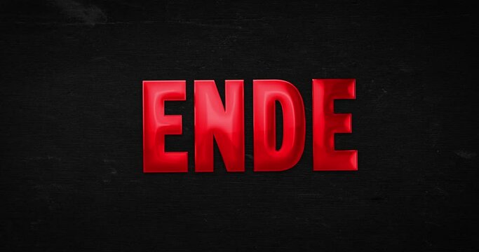 Ende. Gl&auml;nzendes Logo in rot wird in den Fokus gezoomt. Text Intro/Opener auf Hintergrund (schwarz). 4K Animation