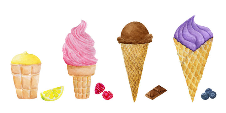 set of watercolor different colored and flavored ice creams in waffle cones, hand painted illustration isolated on white