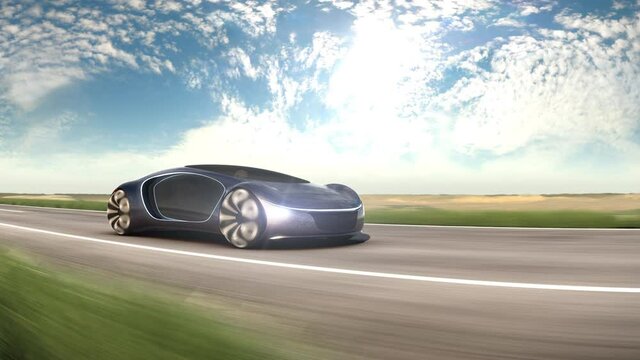 Electric car on highway in sandy desert. Concept of future car. 4k animation. 