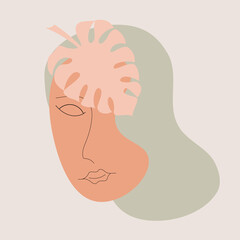 Modern abstract faces with abstract shapes. Drawing of woman face, fashion concept, woman beauty minimalist with geometric doodle. Abstract floral elements pastel colors. Vector