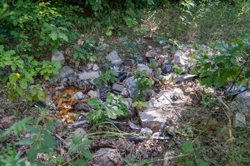 Naklejka na ściany i meble Big heap of trash: pieces of concrete and insulation, bricks, plastic and glass bottles, aluminium banks on edge of wood. Example pollution forests by humans activity. Image with natural background.