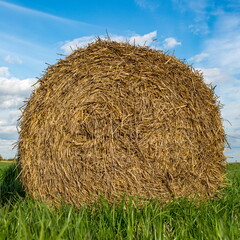 Hay bale on green lush grass against a blue sky. Livestock feed.