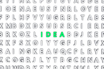 3d rendering of random letters and different words on a white wall. "IDEA" text is shining on the wall.