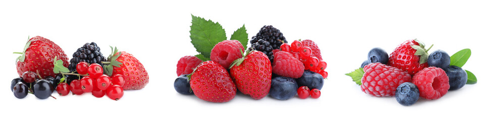 Set of different mixed berries on white background, banner design