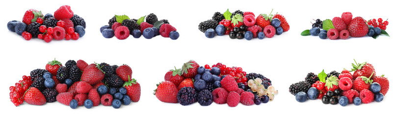 Set of different mixed berries on white background, banner design