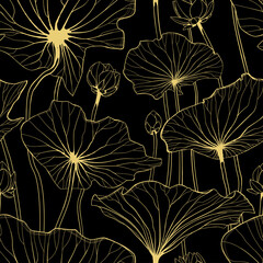 Seamless vector pattern with water lily flowers and leaves. Floral ornament. Vector illustration
