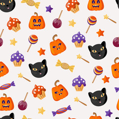 Halloween Seamless pattern on a gray background Jack Lantern with funny faces, lollipops, sweets, cupcakes, a magic wand and a black cat. For postcards, paper, baby pajamas,Halloween party tablecloths