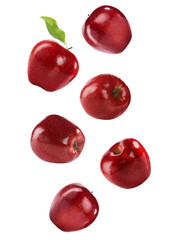 Ripe red apples falling on white background