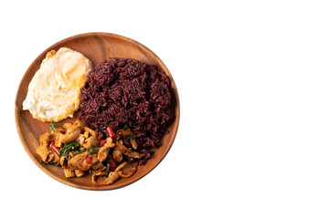 Stir fried chicken with basil leaves and fried rice with riceberry