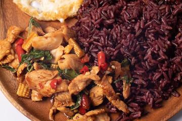 Chicken Basil with Fried Egg and Riceberry Rice