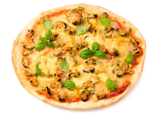 Delicious pizza with seafood and basil isolated on white background