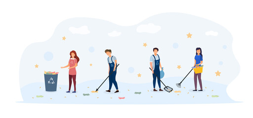 A group of young people cleaning garbage outside. Volunteering, ecology and environment concept. Vector flat illustration.
