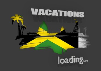 Tropical beach. Silhouettes of the palm, boat and lifeguard tower. 3D rendering. Flag of the Jamaica. Progress or loading bar.