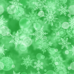 Christmas seamless pattern of blurry snowflakes on green background