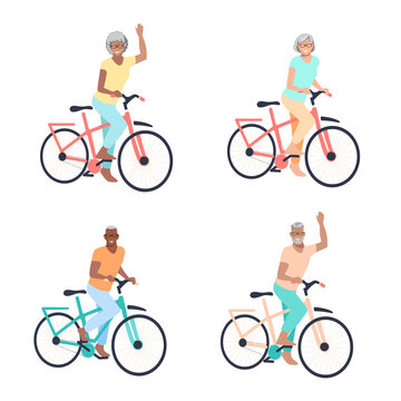 Elderly people ride a bike. Grandparents lead a healthy lifestyle and sports. Collection of isolated illustrations of cyclists.