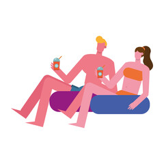 young couple wearing swimsuits relaxing in floats characters