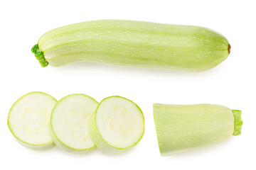 fresh green zucchini or marrow with slices isolated on white background. Top view