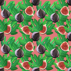 Beautiful pattern with figs and leaves . Bright tropical fruit isolated on coral background, hand-drawn design for background, wallpaper, textile, wrap