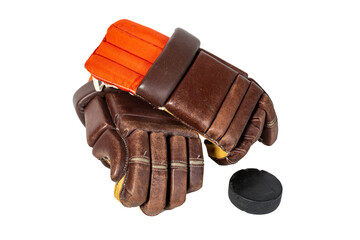 Old red hockey gloves for goalkeeper. Isolated over white background