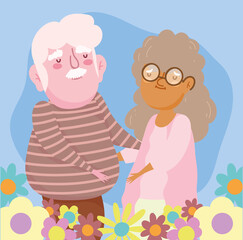 happy grandparents day, elderly couple cartoon, grandfather grandmother characters flowers decoration