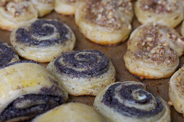 Freshly made curls stuffed with poppy and walnuts. Lie on a baking sheet.