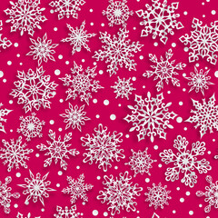 Christmas seamless pattern of paper snowflakes with soft shadows on red background