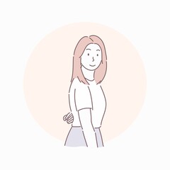 Woman posing and putting one hand behind the waist. Hand drawn character style vector.