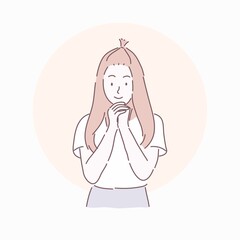 Happy woman posing and holding both hands Similar to prayer. Hand drawn character style vector.