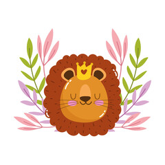 cute cartoon animal adorable wild character little lion with crown foliage
