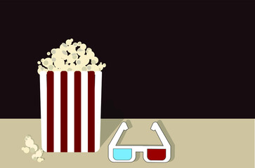 Fototapeta na wymiar Vector illustration. A box of popcorn. Watching a movie in the cinema. Cheerful mood. Element for design.