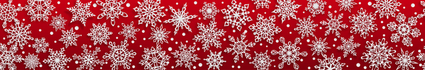 Naklejka na ściany i meble Christmas seamless banner of paper snowflakes with soft shadows on red background. With horizontal repetition