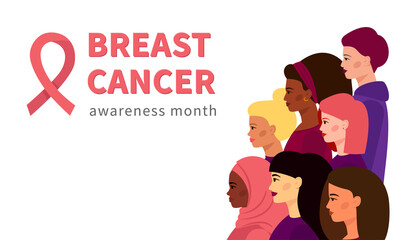 A group of different women come together to support and spread information about breast cancer. Pink ribbon as a symbol of life, and the fight against illness. The concept of a poster or banner.