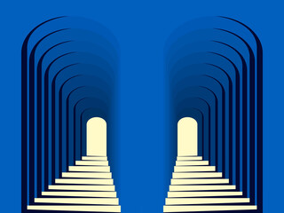 Abstract Blue and Yellow Geometric Pattern with Colonnade. Light and Shadow of Architectural Staircase.. Raster. 3D Illustration