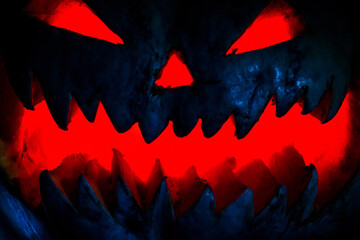 Fototapeta premium Scary smiling Halloween pumpkin on dark background. retro style, noise, selective focus