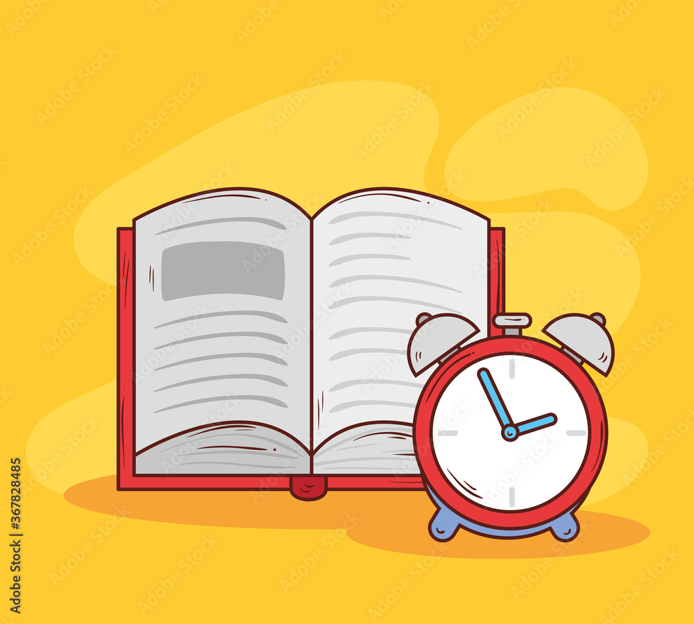 Poster alarm clock red color with book open