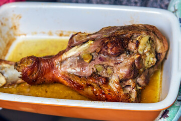 baked Turkey ham close-up. selective focus. home-made food