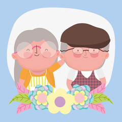 happy grandparents day, cute grandfather grandmother flowers decoration cartoon
