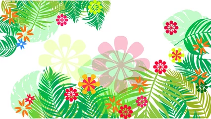 Selbstklebende Fototapeten illustrations with tropical leaves,flowers and elements.Multicolor plants with hand drawn texture.Exotic backgrounds © Background.cc