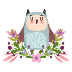 cute owl bird animal flowers foliage nature decoration cartoon