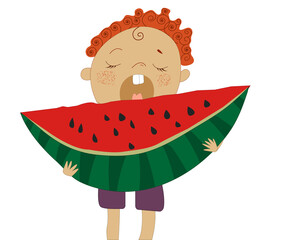 Isolated character little boy with red curly hair holding and eating a big piece of watermelon summer vacation on a white background