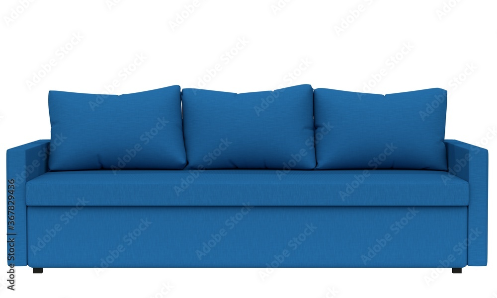 Poster classic blue sofa with soft pillows on a white background. front view. 3d rendering
