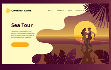 Beautiful couple dancing on the beach Latin salsa dance. Romantic landscape with the sea at sunset. Template for the first landing page screen with a southern landscape.