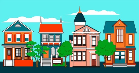 Fototapeta premium A street of private country houses with trees, road, sky and clouds. Flat vector city illustration.