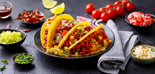 Taco with beef, Mexican traditional cuisine. Dark background. Close up.